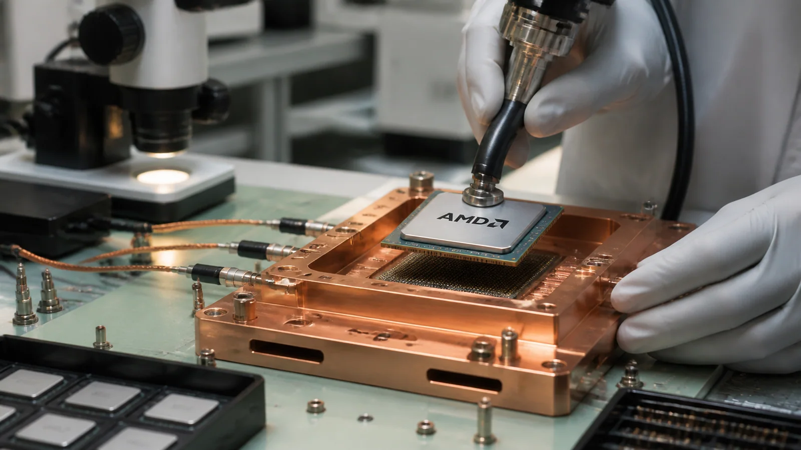 טכנאי מעבדה מניח שבב AMD גדול בתוך מתקן בדיקה מנחושת
