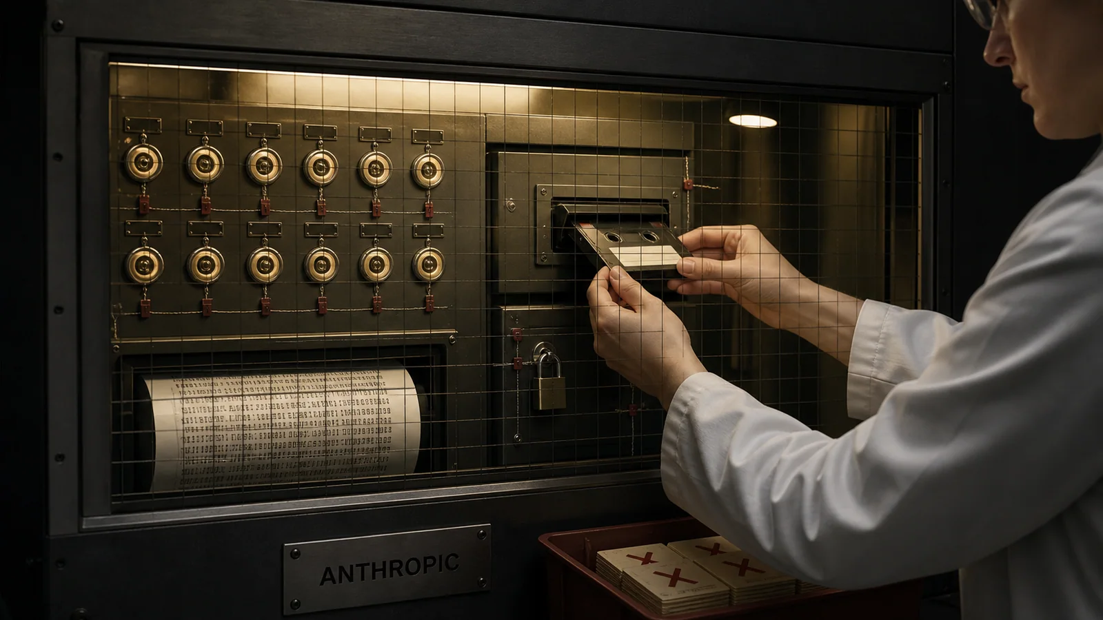 חוקרת מכניסה קלטת מבחן אטומה למתקן הערכה של Anthropic מאחורי זכוכית בטיחות