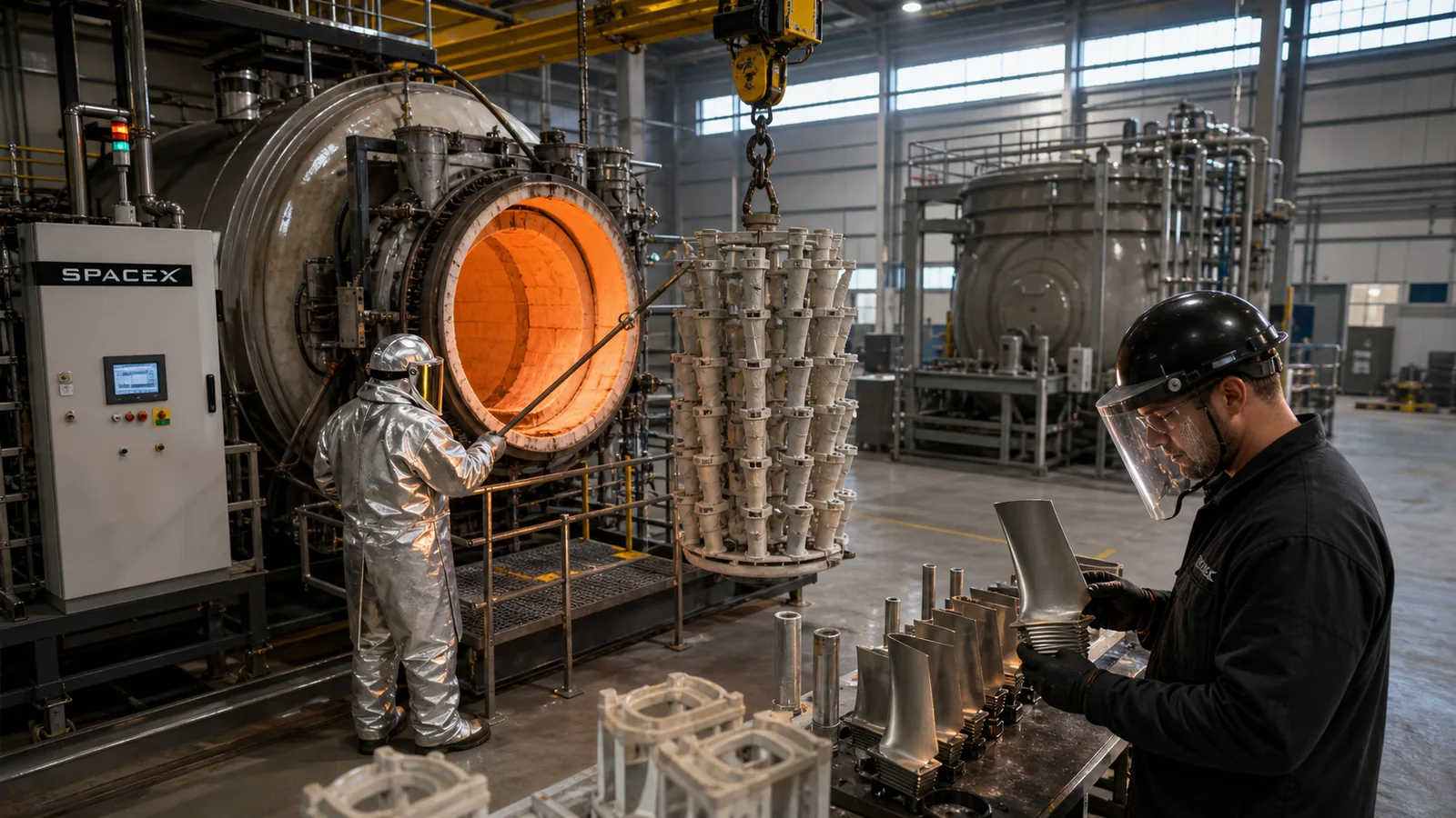 עובדי יציקה של SpaceX מכינים עץ קרמי של להבי טורבינה מול תנור ואקום במפעל בטקסס