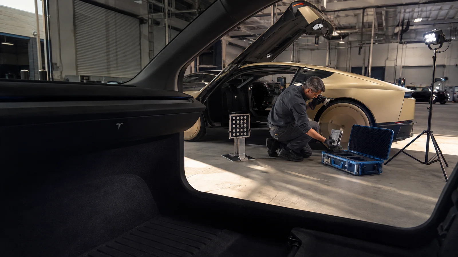 טכנאי מתעד את מערכות ה־Cybercab במוסך בדיקות, מנקודת מבט נמוכה מתוך תא נוסעים ללא הגה ודוושות