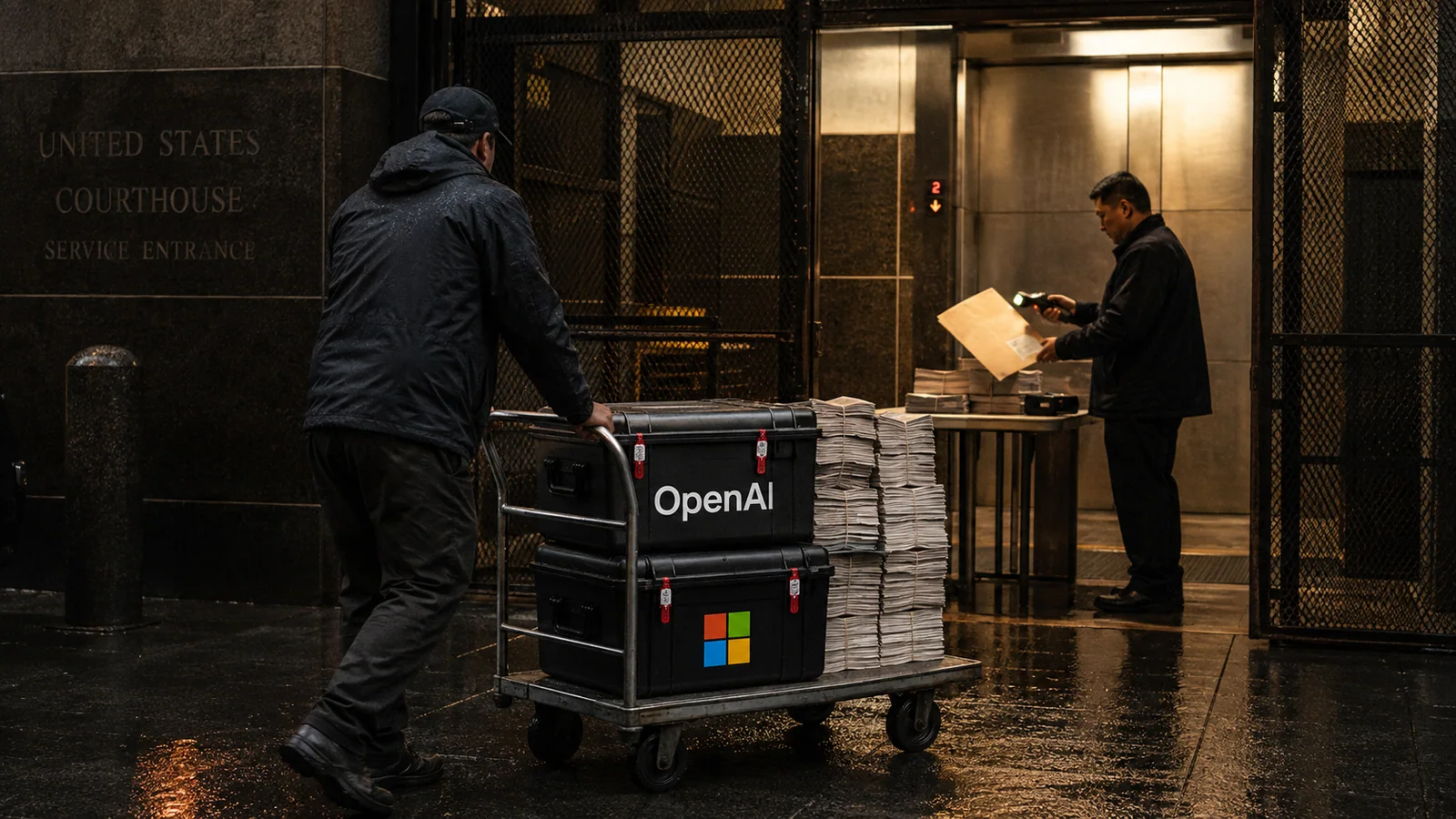 שליח מוביל ארגזי מסמכים הנושאים את סימני OpenAI ומיקרוסופט אל כניסת שירות של בית משפט פדרלי
