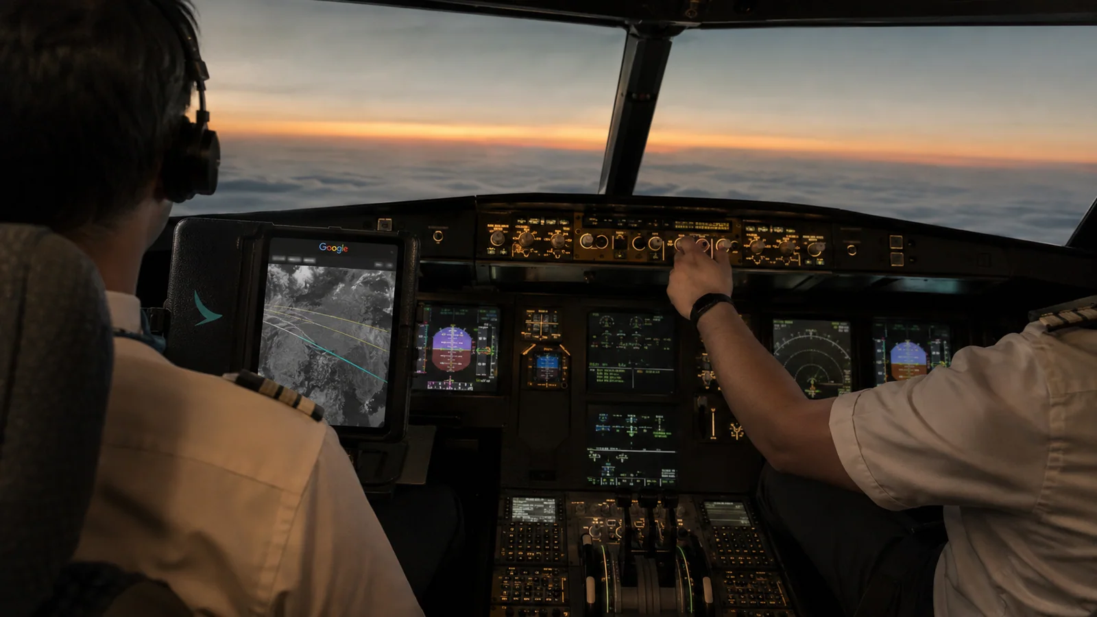 תא טייס של Cathay Pacific לפני הזריחה, עם תחזית שובלי התעבות של Google על תיק הטיסה האלקטרוני