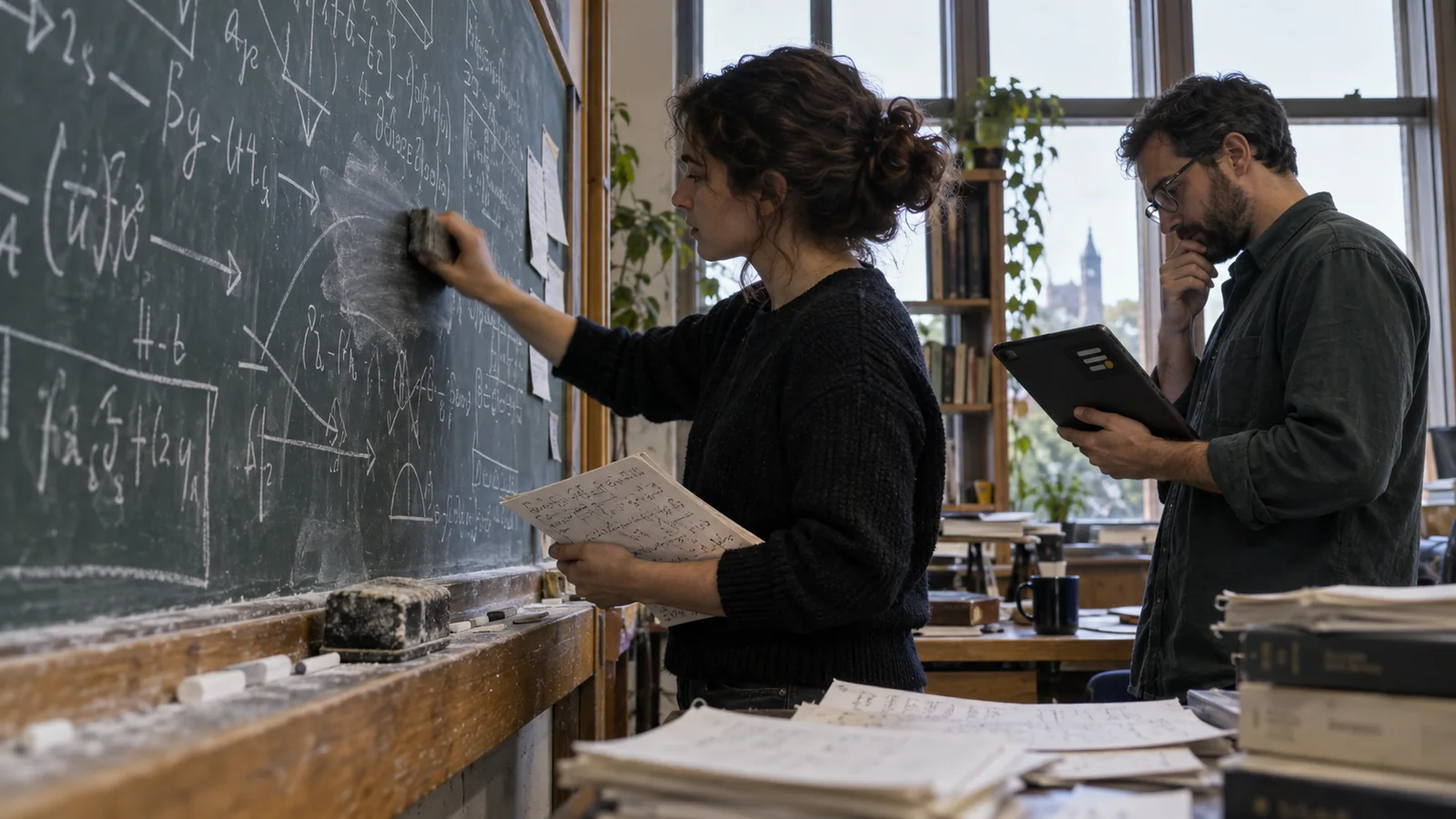 שני מתמטיקאים בוחנים שלבי הוכחה על לוח גיר; על נרתיק טאבלט קטן מופיע הסמל של Math and AI