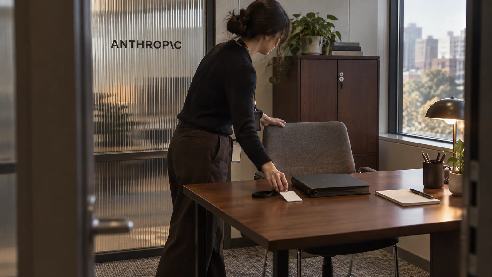 עובדת מכינה שולחן ריק לבודק חיצוני בחדר של Anthropic, מאחורי מחיצת זכוכית עם סימן החברה