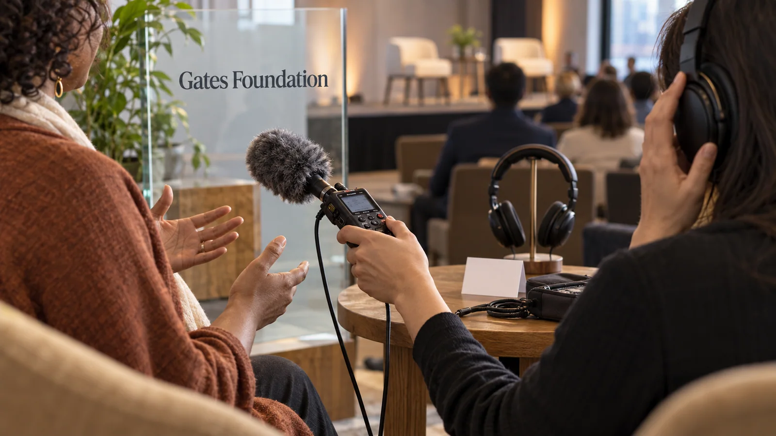 המחשה צילומית של הקלטת קול לצד סמל Gates Foundation ובודקת עם אוזניות