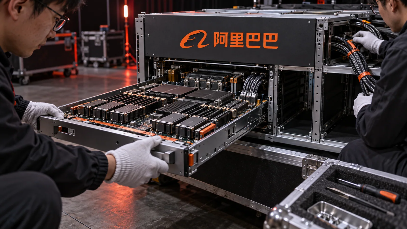 טכנאים שולפים מגש מאיצי חישוב משרת של Alibaba במהלך הדגמת חומרה