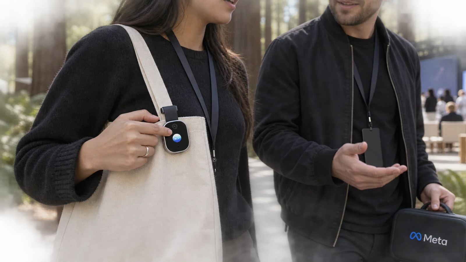 משתתפת בהדגמת Meta Connect מפעילה את מכשיר Muse Charm הקטן המחובר לתיק בד