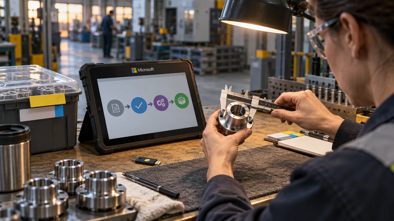 מנהלת בקרת איכות מודדת חלק מתכתי לצד טאבלט Microsoft המציג רצף משימות חזותי במפעל