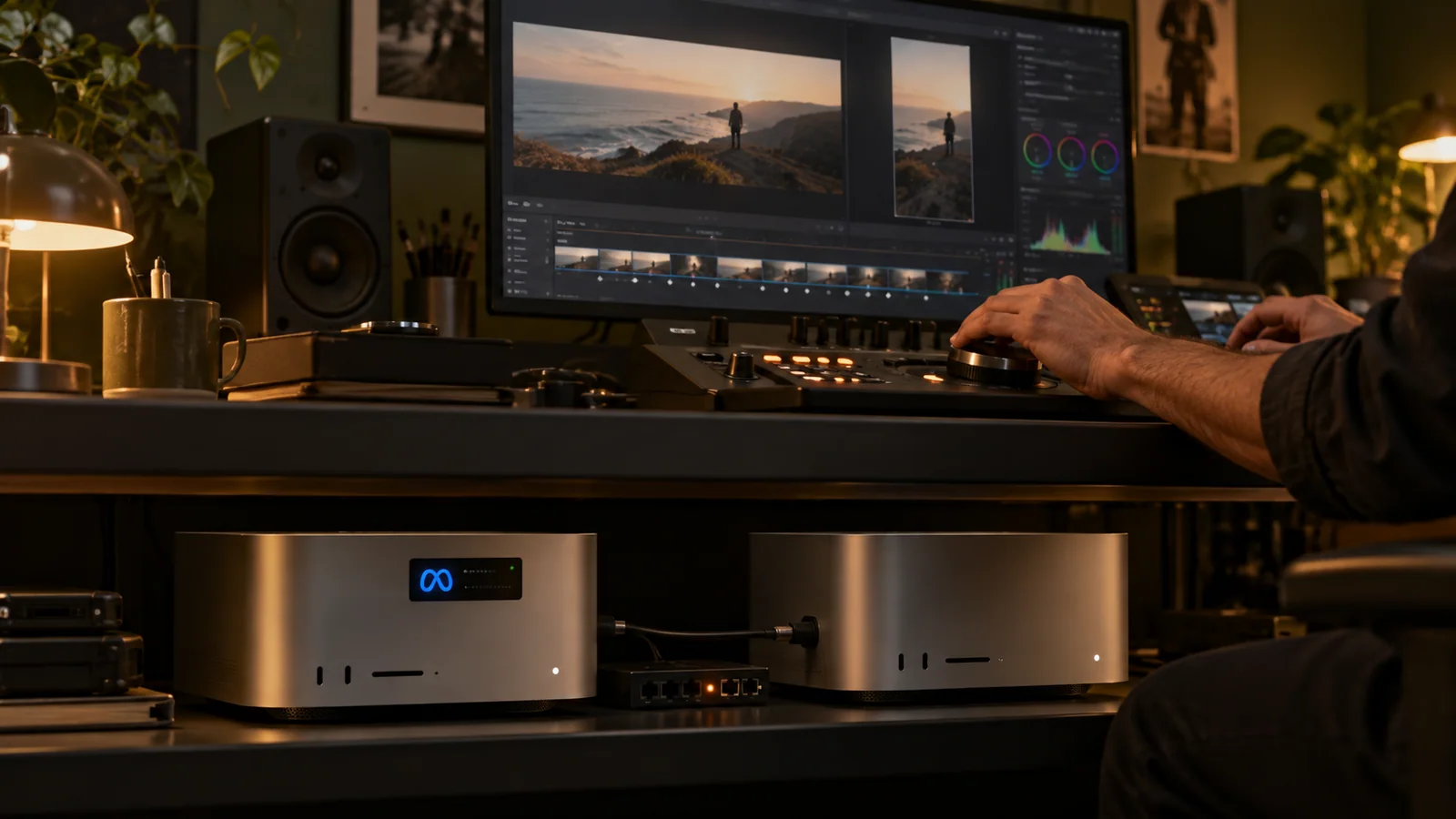 חדר עריכת וידאו עם שני מחשבי Mac Studio מחוברים וסמל Meta על יחידת עיבוד מקומית