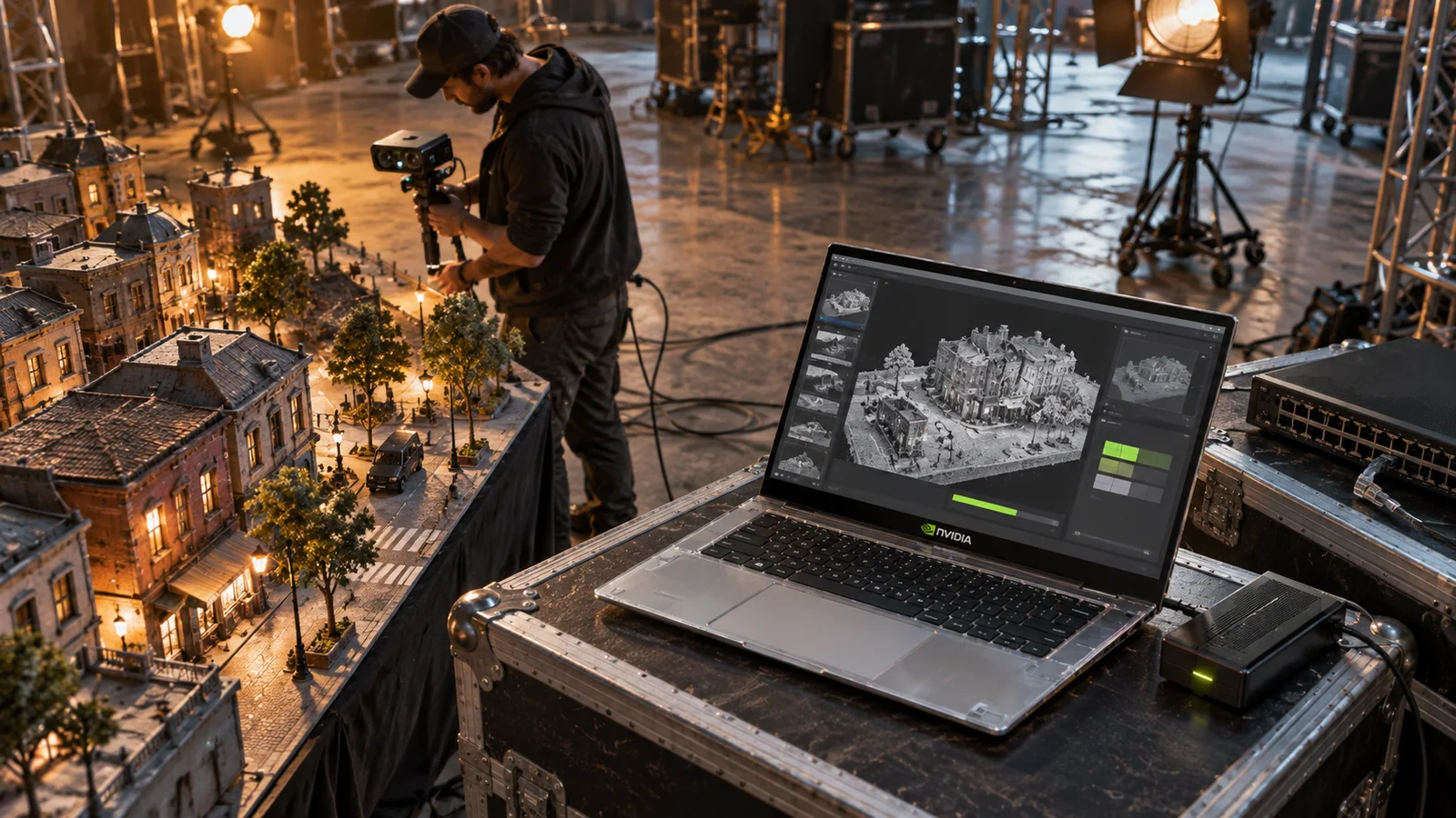 טכנאי אפקטים סורק דגם עירוני כשמחשב NVIDIA RTX Spark מעבד שחזור תלת-ממד מקומי
