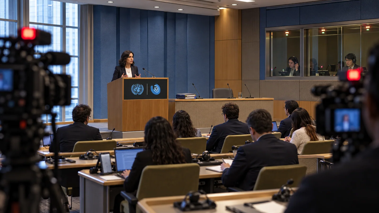 תדרוך עיתונאים של UNIDIR בחדר האו״ם עם מצלמות, מתורגמנים וסמל המכון על הדוכן