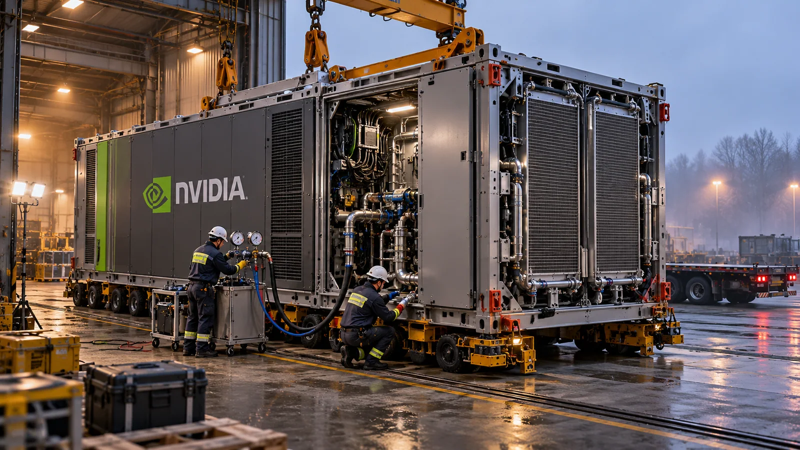 טכנאים בודקים מערכת קירור במודול NVIDIA DSX POD לפני מסירה